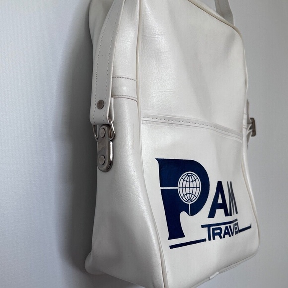 Pam Travel Original Vtg Tote Carry On Bag White Blue Shoulder Strap Airlines - Picture 8 of 8